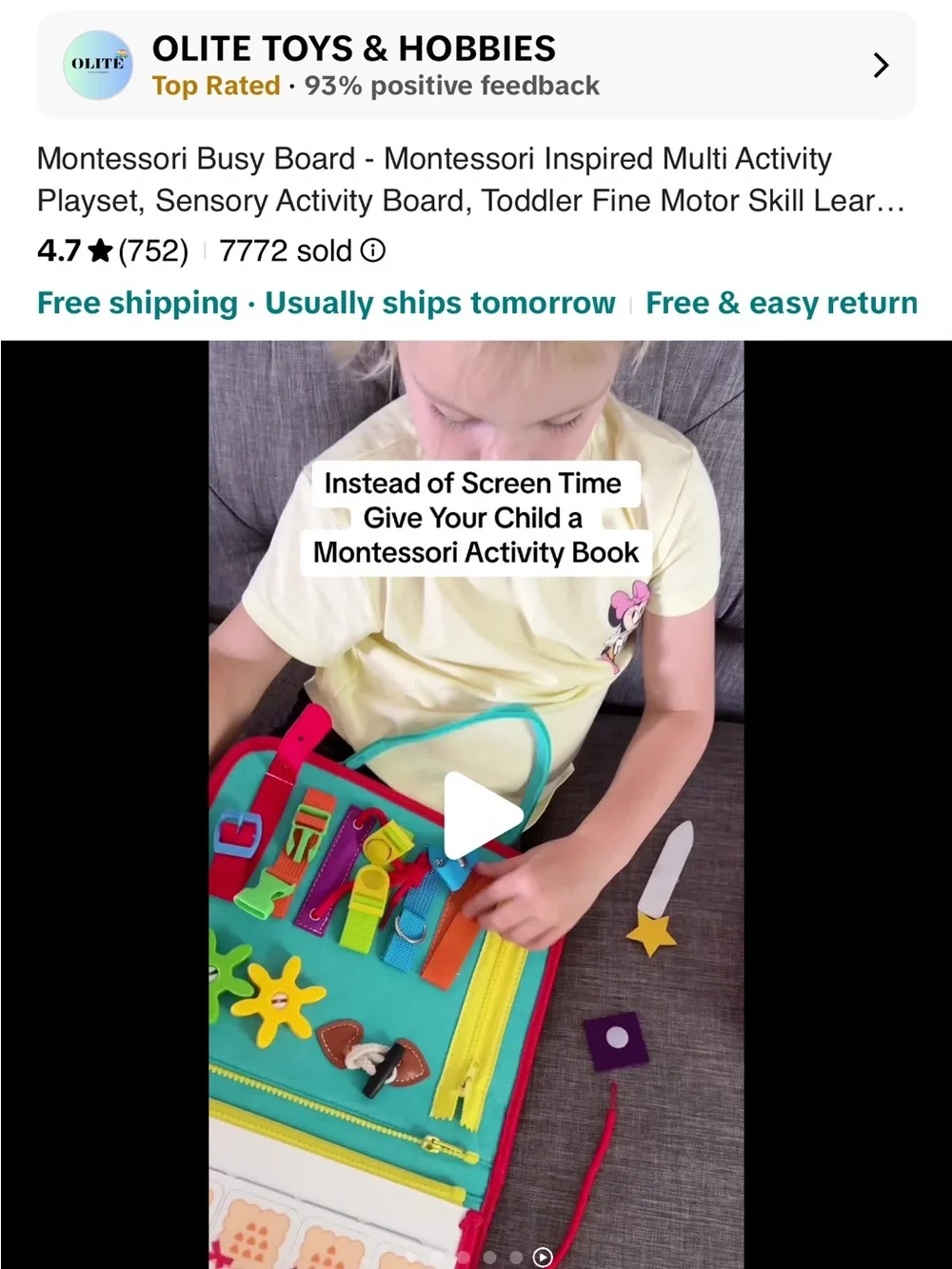 Montessori Busy Board Educational Activity Book Tote Interactive Learning Set